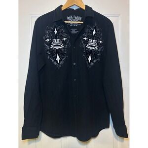 Eighty Eight Mens‎ Black Long Sleeve Graphic Print Y2K Button Up Shirt XL